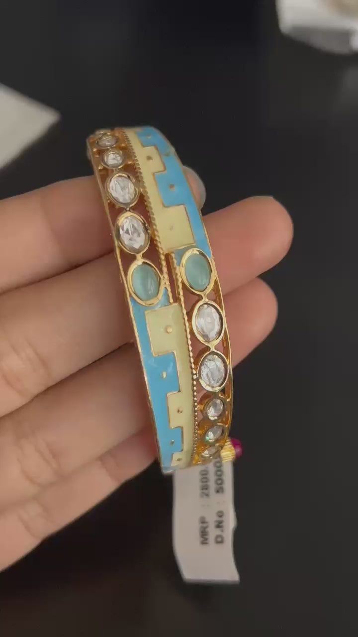Aqua Enamel Openable Bangle with CZ Stones – Designer Gold Finish (Size 2.4 & 2.6)