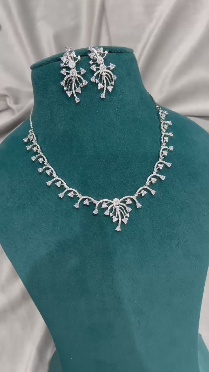 Designer Diamond Necklace Set – Unique Fan Motif in White Polish