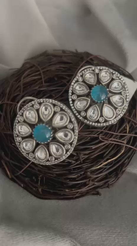 Oxidized Round Stud Earrings with Blue Stone Center