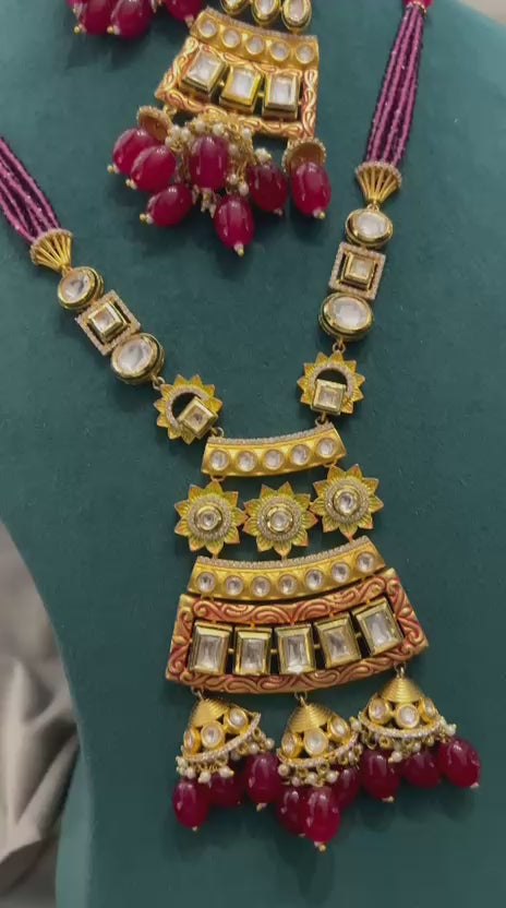 Temple-Inspired Kundan Necklace Set with Ruby Beads