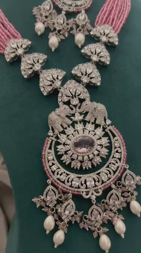 Pink Beads & Diamond Look Elephant Design Necklace Set – Heavy Bridal Jewellery
