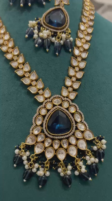 Royal Blue Stone Kundan Necklace Set with Pearl Drops