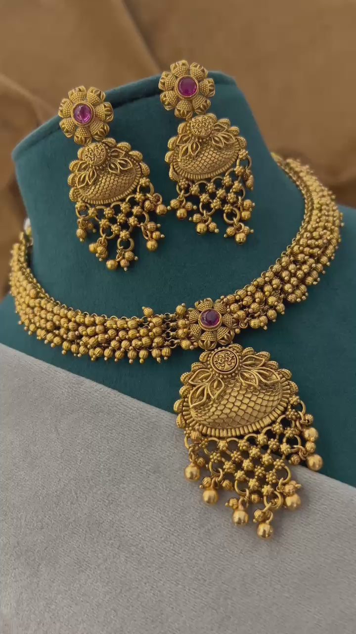 Antique Gold Guttapusalu Choker Necklace Set with Bold Pendant