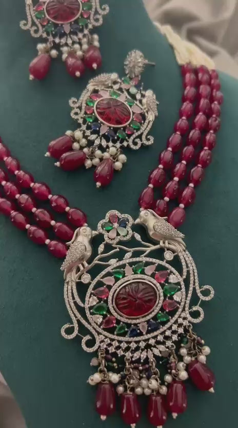Ruby Beads & Multicolor Stone Bird Design Necklace Set – Bridal Party Wear Jewellery