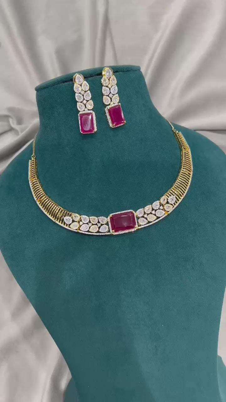 Ruby Stone Choker Necklace Set – Gold Finish with CZ Diamonds
