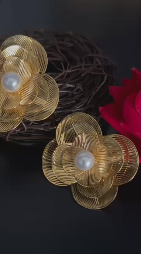 Golden Floral Pearl Stud Earrings – Elegant Party Wear