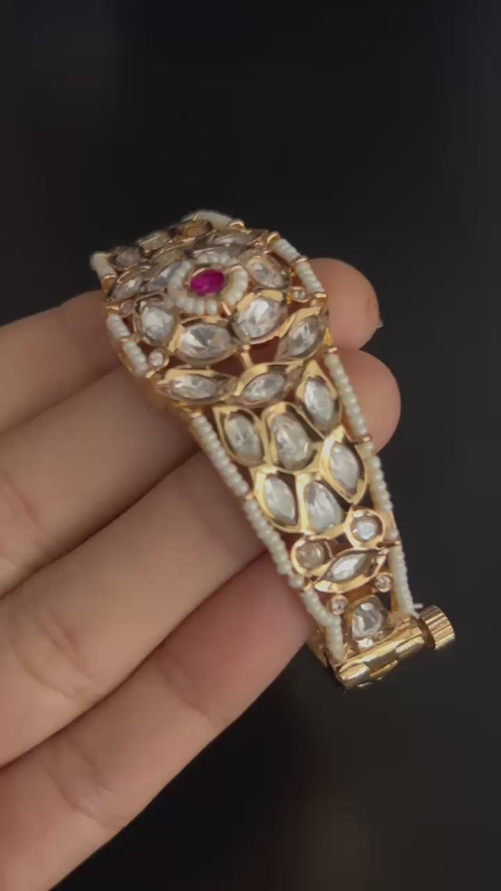 Pearl-Embellished Kundan Polki Bracelet with Ruby Centerpiece