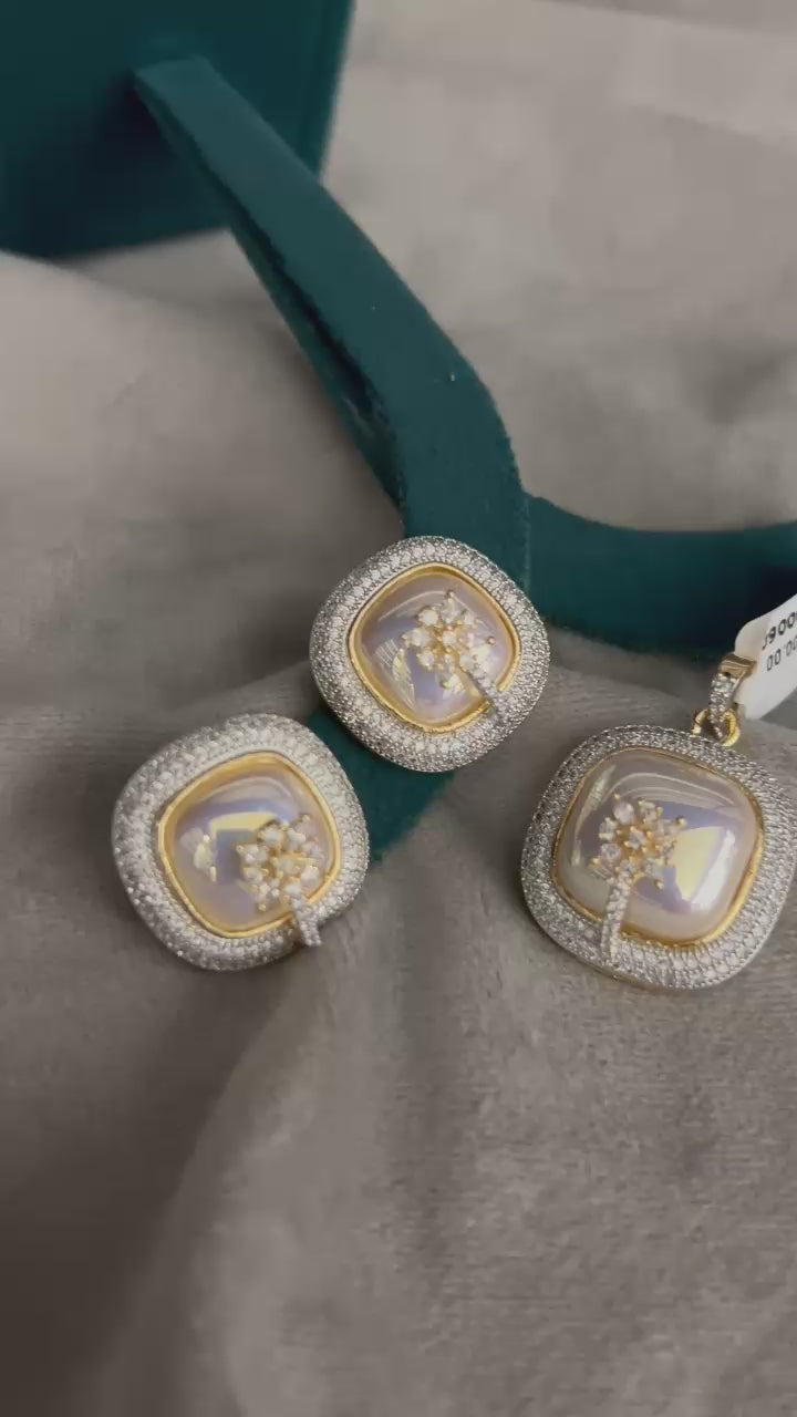 Square Stone Pendant Set with CZ Tree Motif in Gold Finish