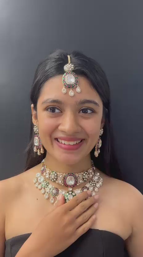 Royal Kundan Choker Necklace Set with Earrings – Green & Ruby Accents