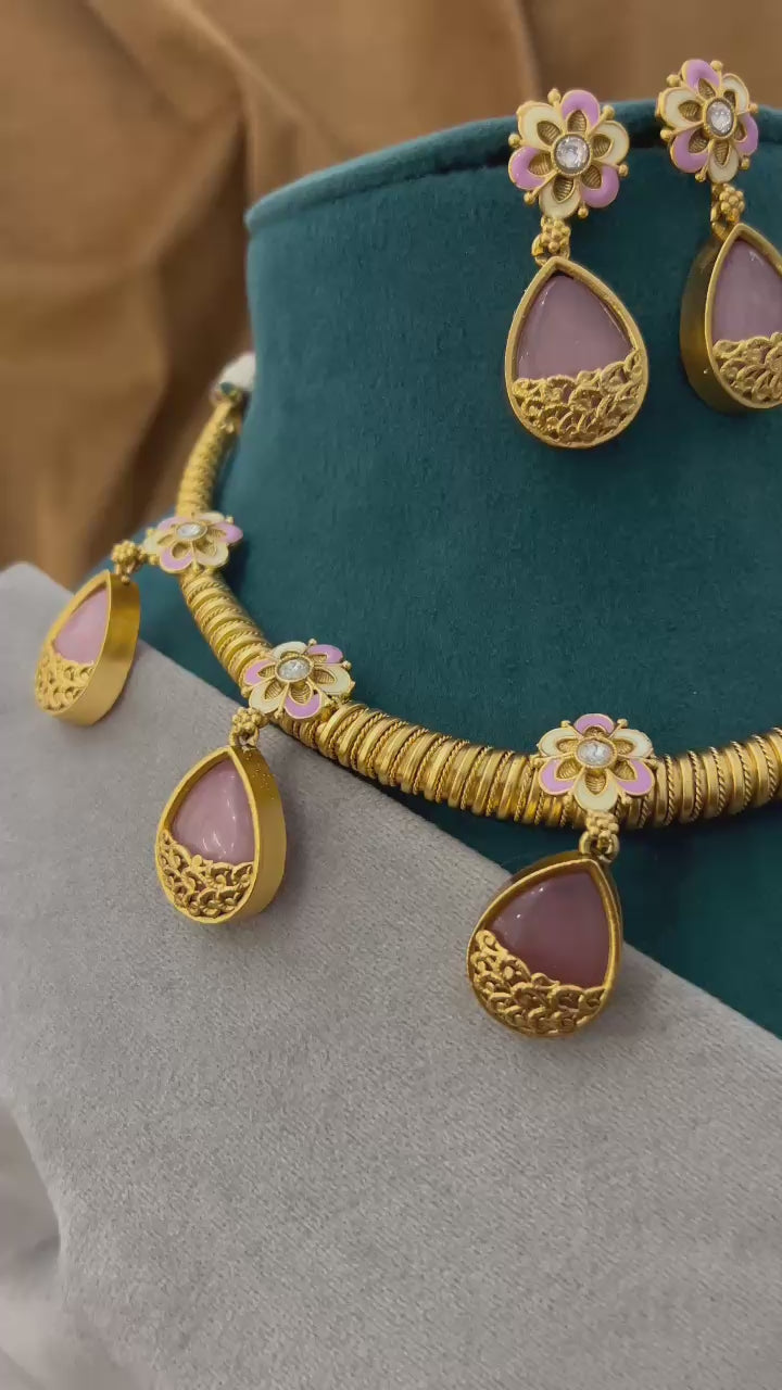 Pastel Pink Floral Designer Necklace Set with Drop Danglers