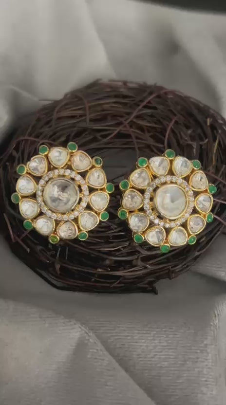 Round Kundan Stud Earrings with Green Accents