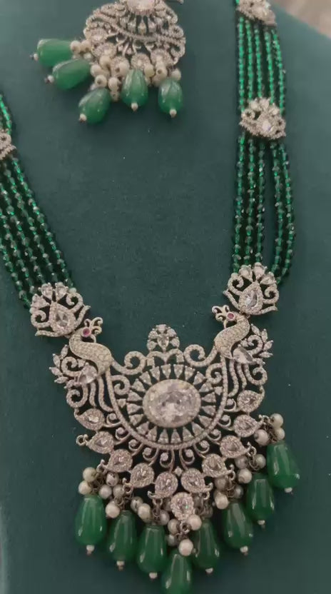 Green Beads & Diamond Look Peacock Necklace Set – Bridal Party Wear Jewellery