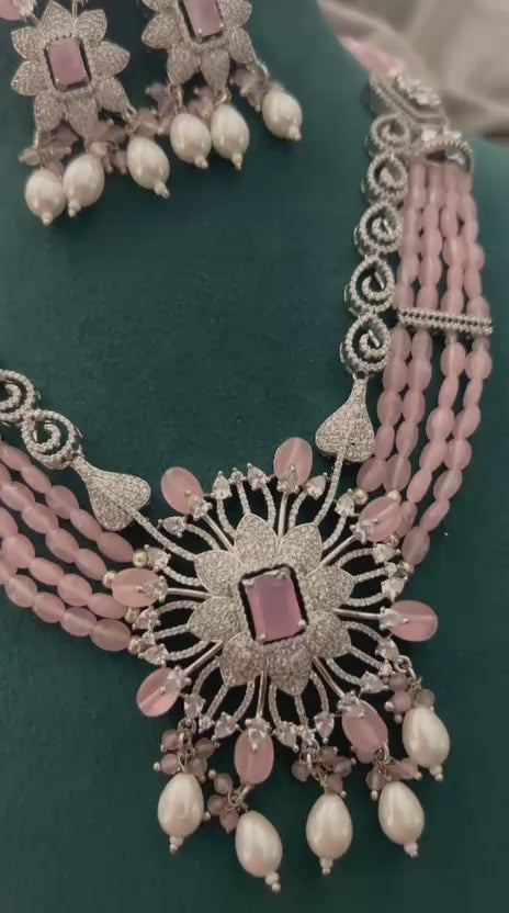 Pink Beads & Diamond Look Necklace Set with Pearls – Bridal Party Wear Jewellery