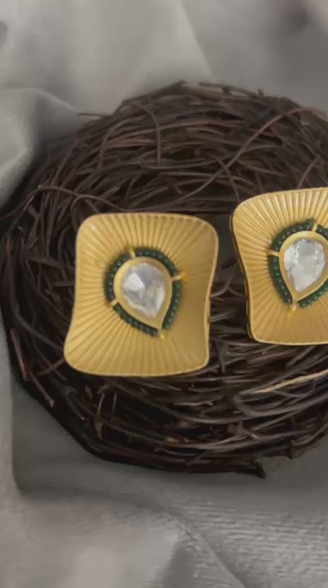 Contemporary Gold Matte Stud Earrings with Teardrop Center