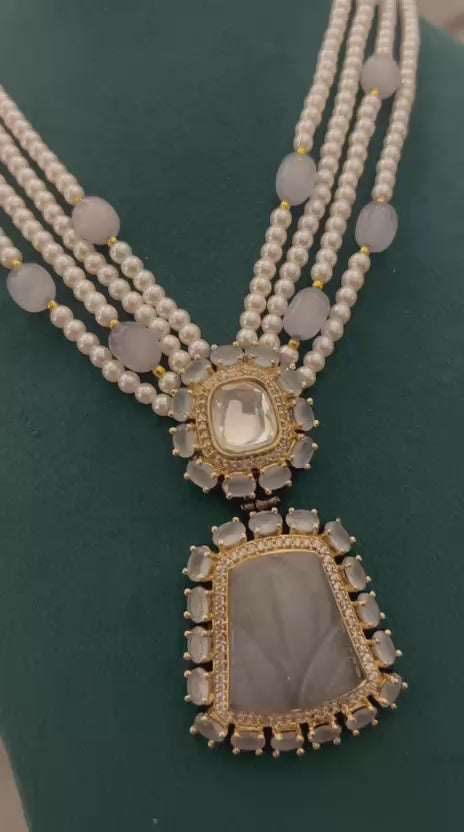 Pearl & Grey Stone Necklace Set – Elegant Bridal Party Wear Jewellery