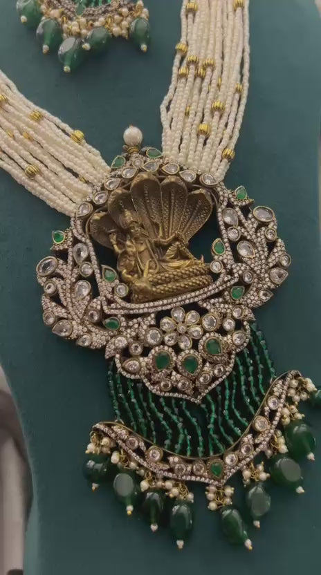 Lakshmi Motif Pearl & Green Beads Necklace Set – Traditional Bridal Jewellery