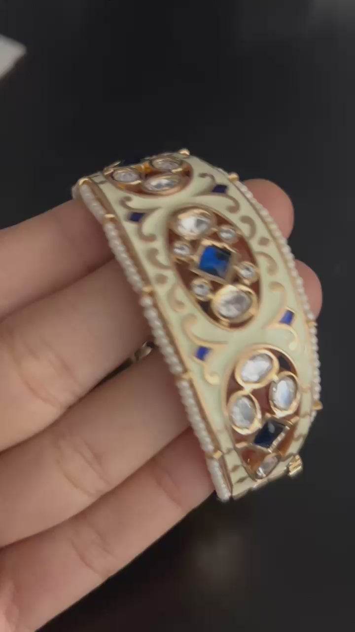 Ivory Enamel Openable Bangle with Blue & CZ Stones – Premium Gold Finish (Size 2.4 & 2.6)