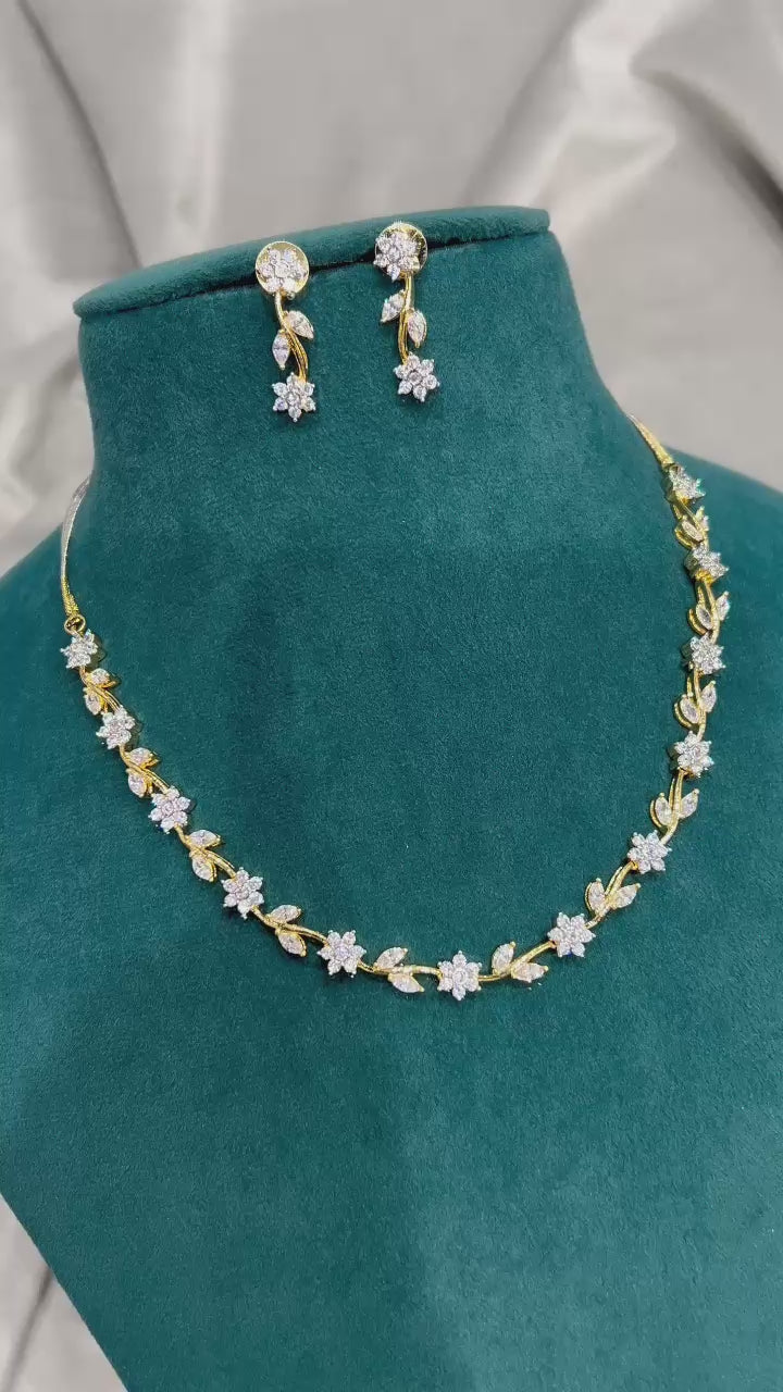 Delicate Floral CZ Diamond Necklace Set – Gold Finish