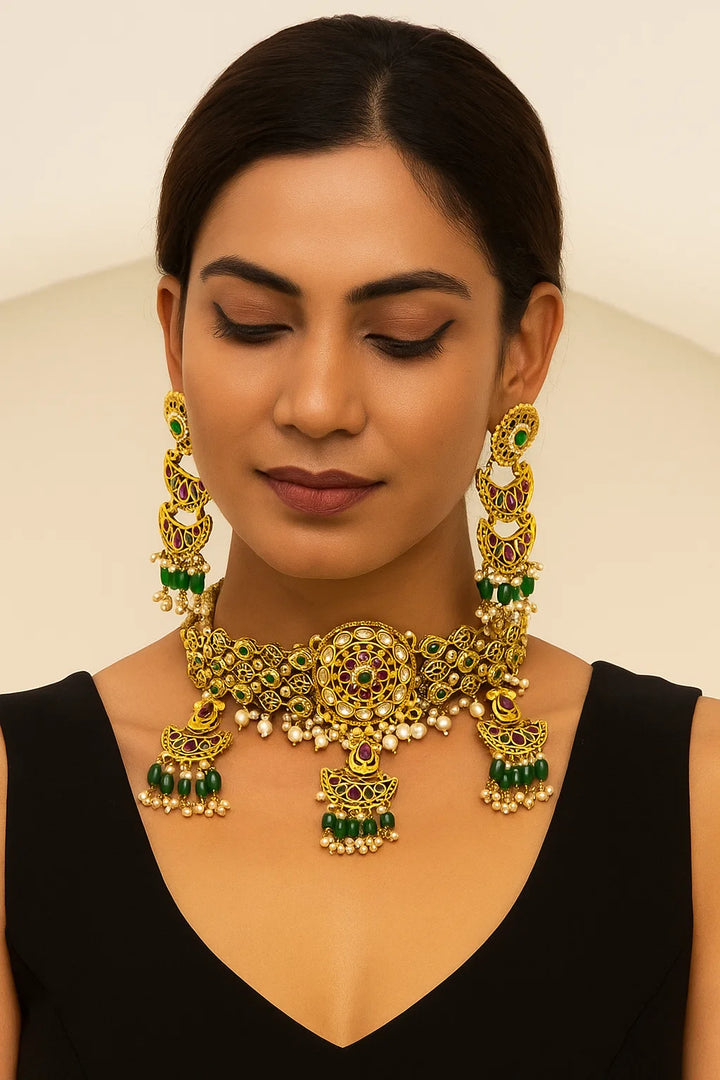 Royal Kundan Beaded Choker Necklace Set with Long Dangler Earrings