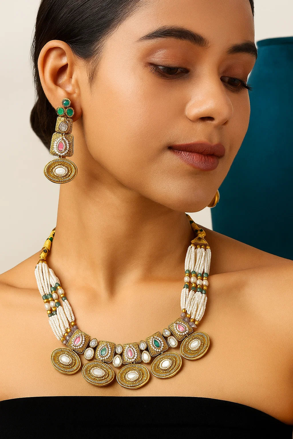 Antique Kundan Beaded Necklace Set with Pastel Accents