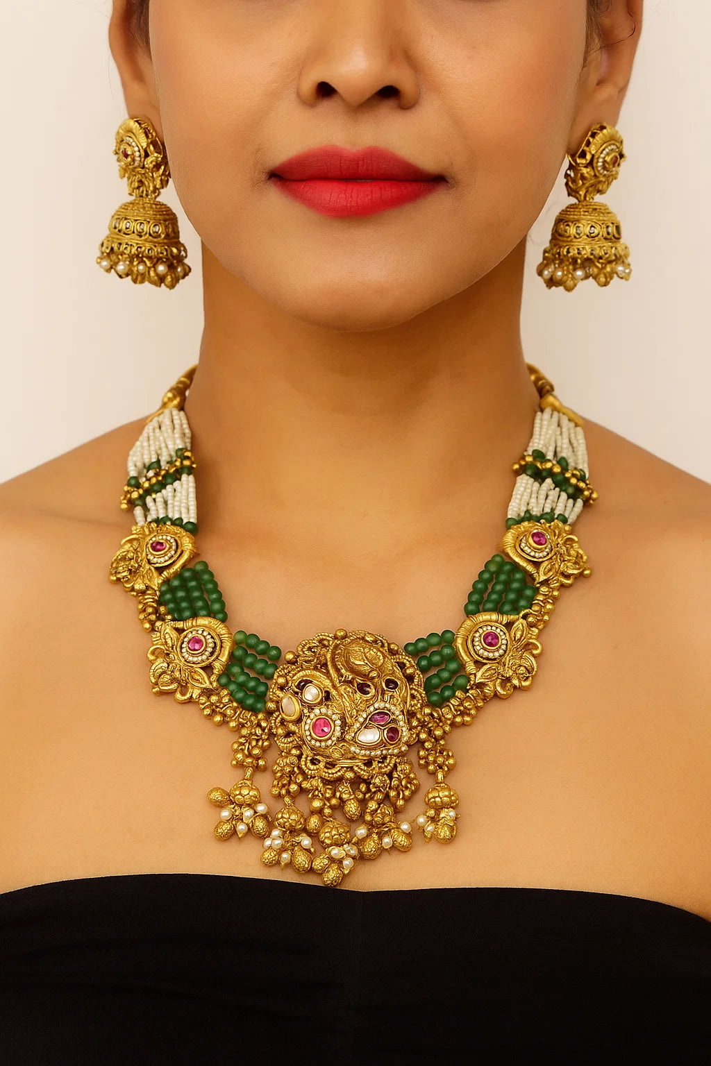 Antique Lakshmi Temple Necklace Set with Green Beads and Jhumka Earrings