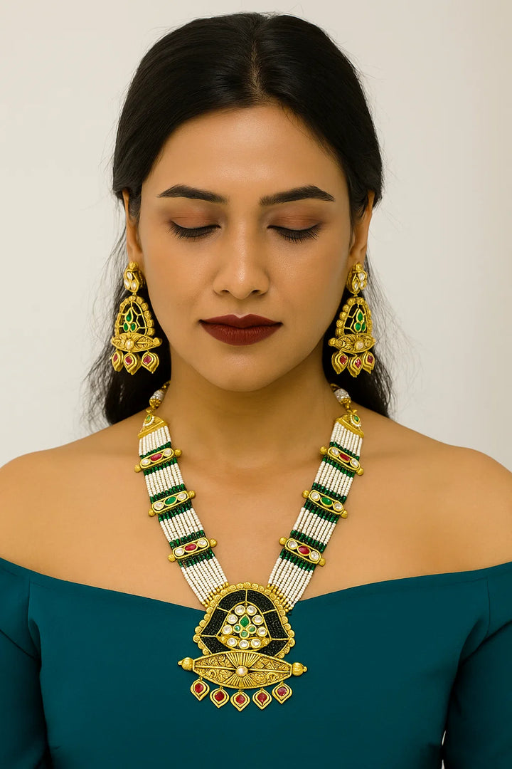 Antique Kundan Beaded Long Necklace Set with Traditional Pendant