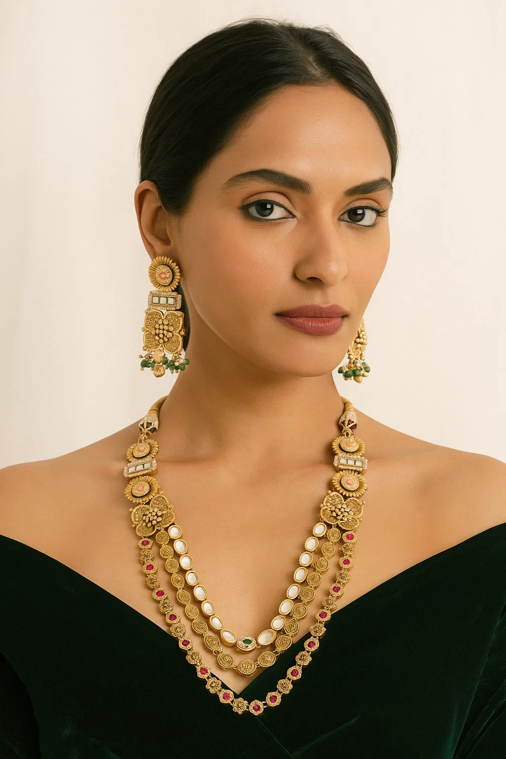 Antique Layered Kundan Necklace Set with Floral Design and Long Earrings