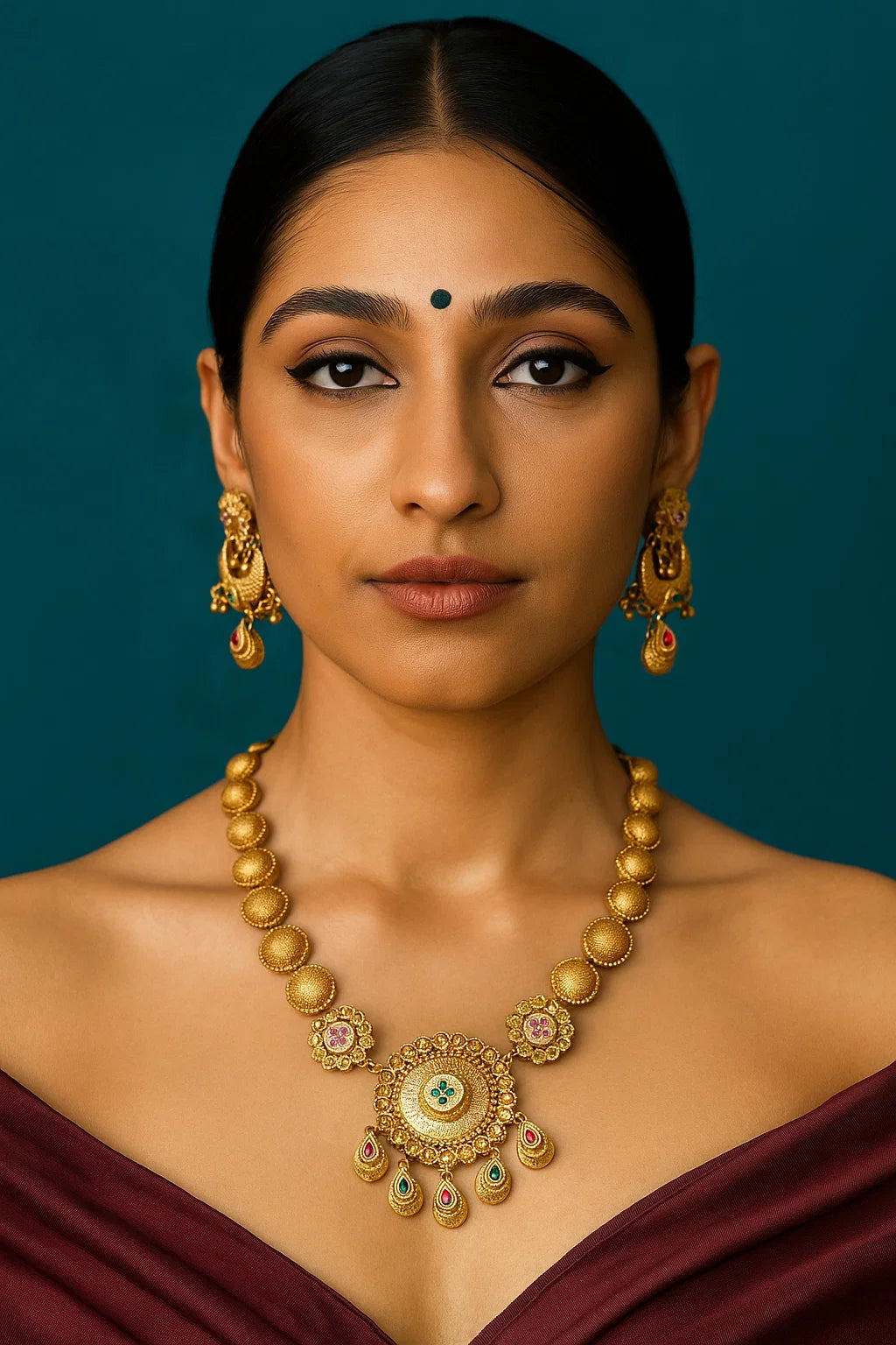 Antique Gold Textured Necklace Set with Floral Motif and Drop Earrings