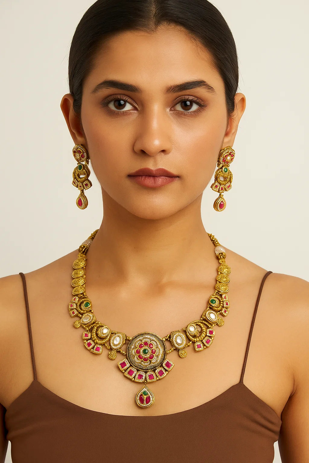 Antique Kundan Choker Necklace Set with Pink & Green Stones
