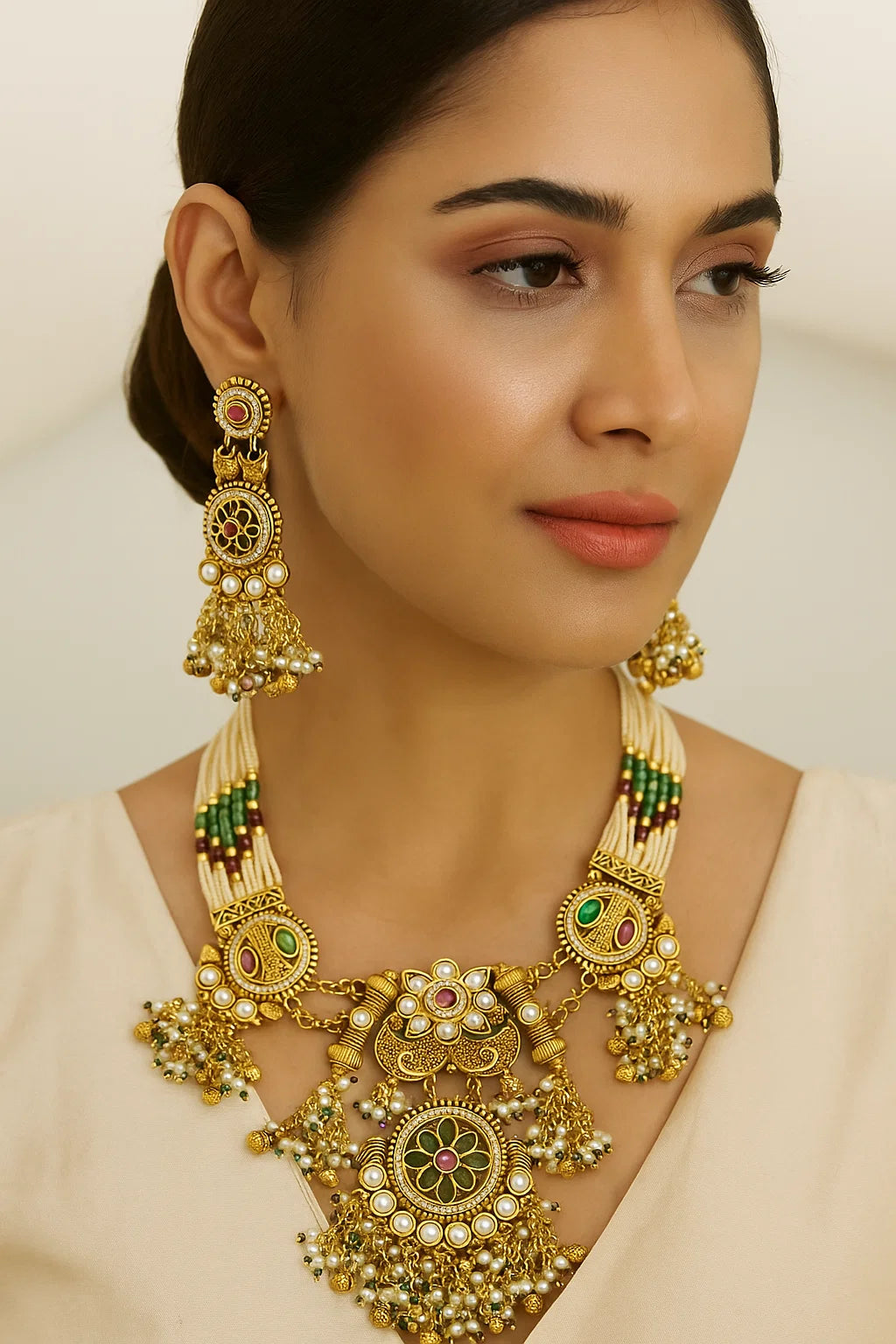 Antique Kundan Beaded Temple Necklace Set with Dual Pendant Design