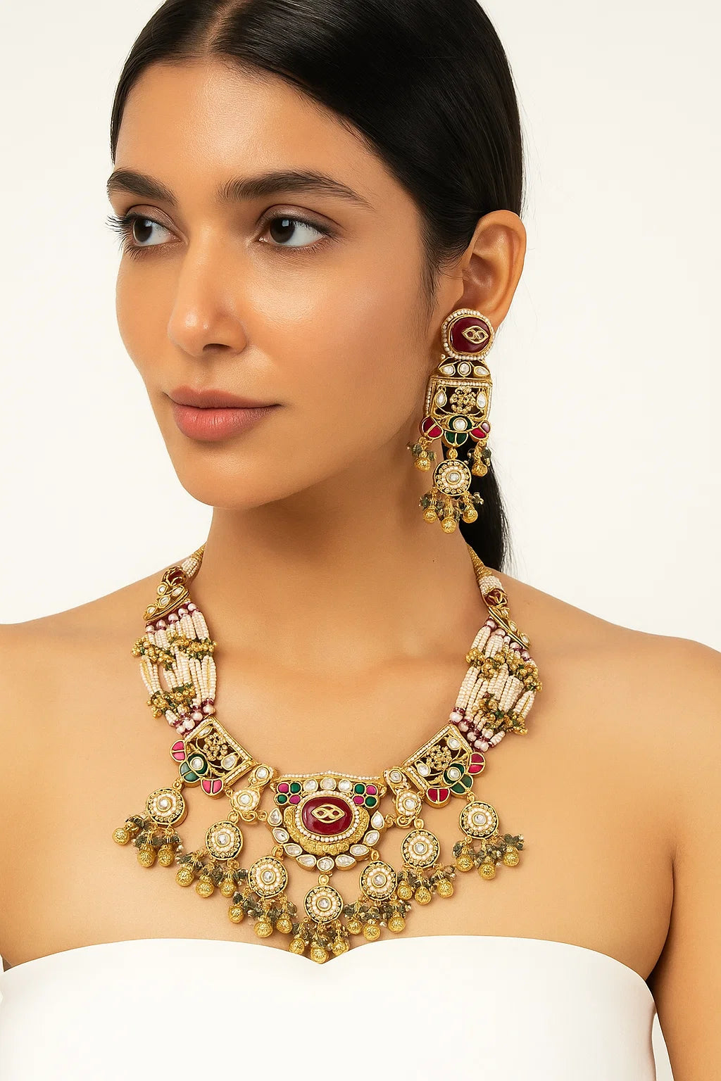 Antique Kundan Temple Necklace Set with Ruby Centerpiece and Beaded Detailing