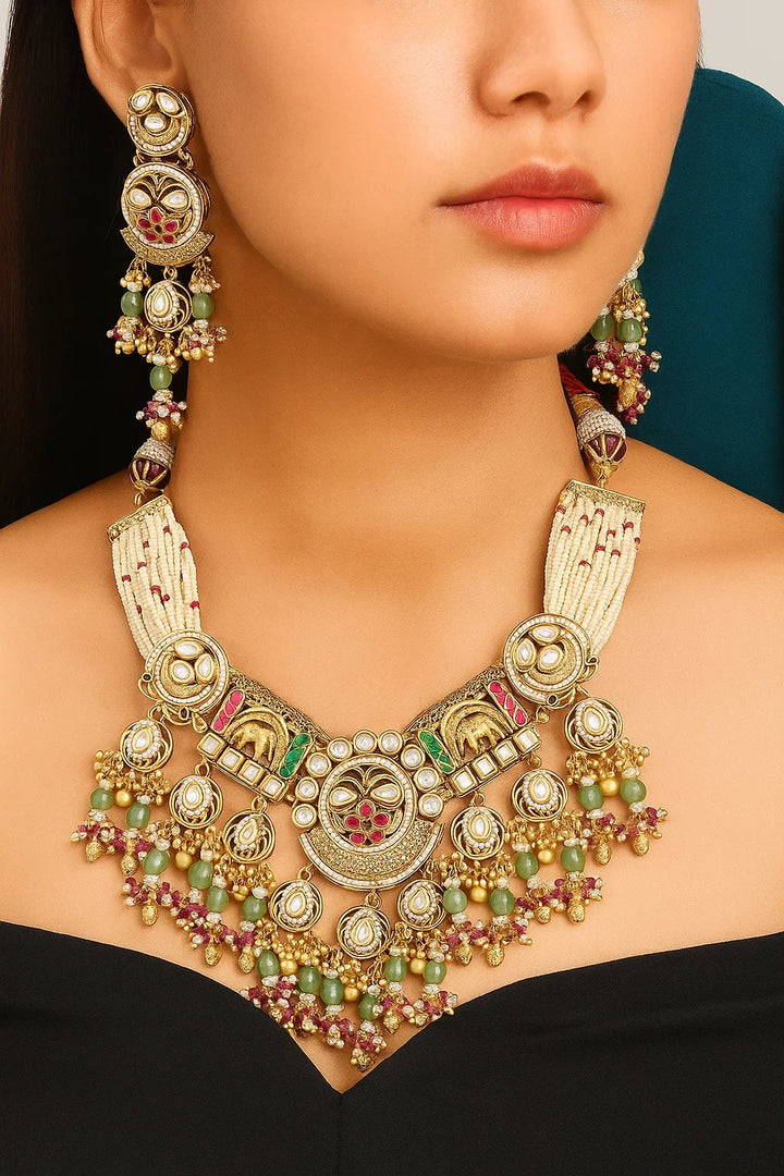 Antique Elephant Motif Kundan Temple Necklace Set with Beaded Layers
