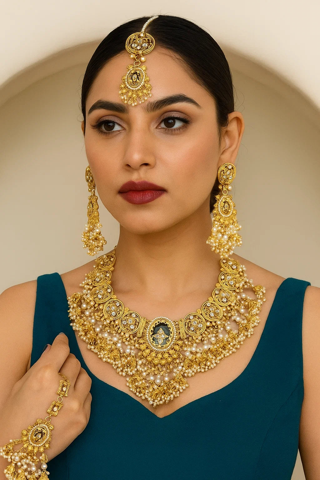 Antique Gold Temple Necklace Set with Maang Tikka and Pearl Detailing