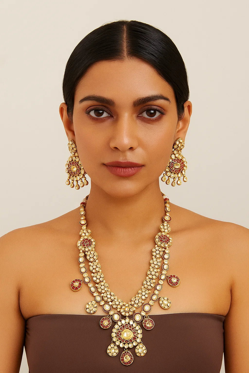 Bridal Ruby Kundan Necklace Set with Earrings and Maang Tikka