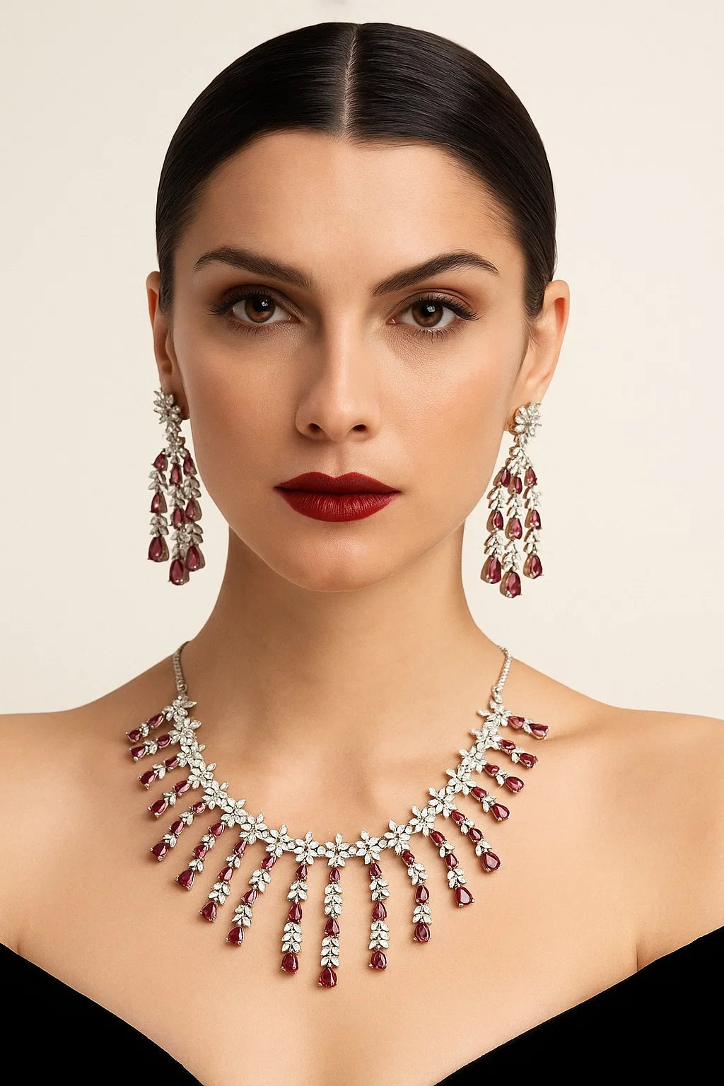 Crimson Bloom Diamond Necklace Set