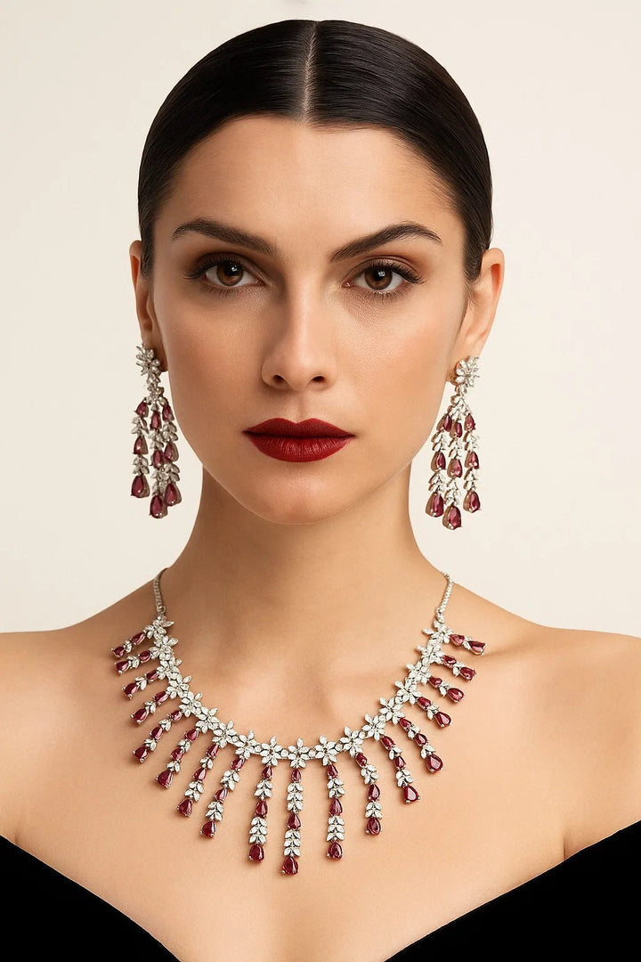Crimson Bloom Diamond Necklace Set