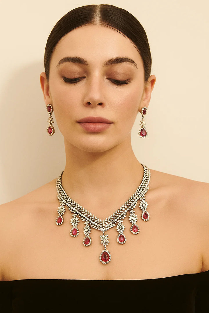 Ruby Drop Diamond Necklace Set with Elegant Sparkling Finish