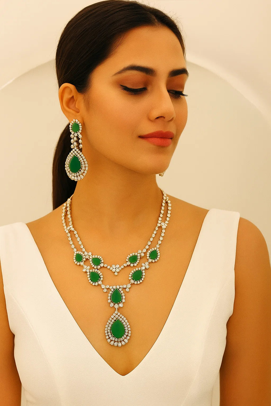 Emerald Green Diamond Necklace Set with Teardrop Design