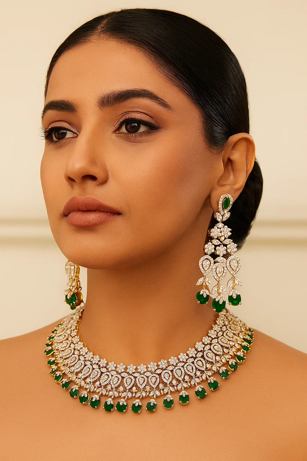 Emerald Teardrop Diamond Choker Necklace Set with Long Earrings