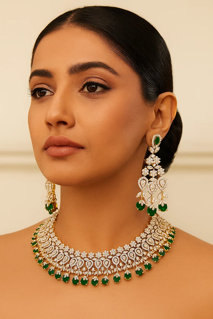 Emerald Teardrop Diamond Choker Necklace Set with Long Earrings