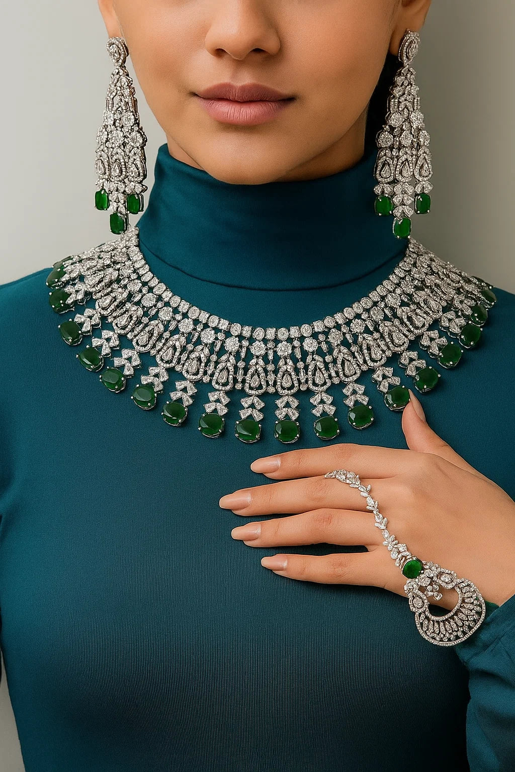 Emerald Diamond Bridal Choker Necklace Set with Earrings & Maang Tikka