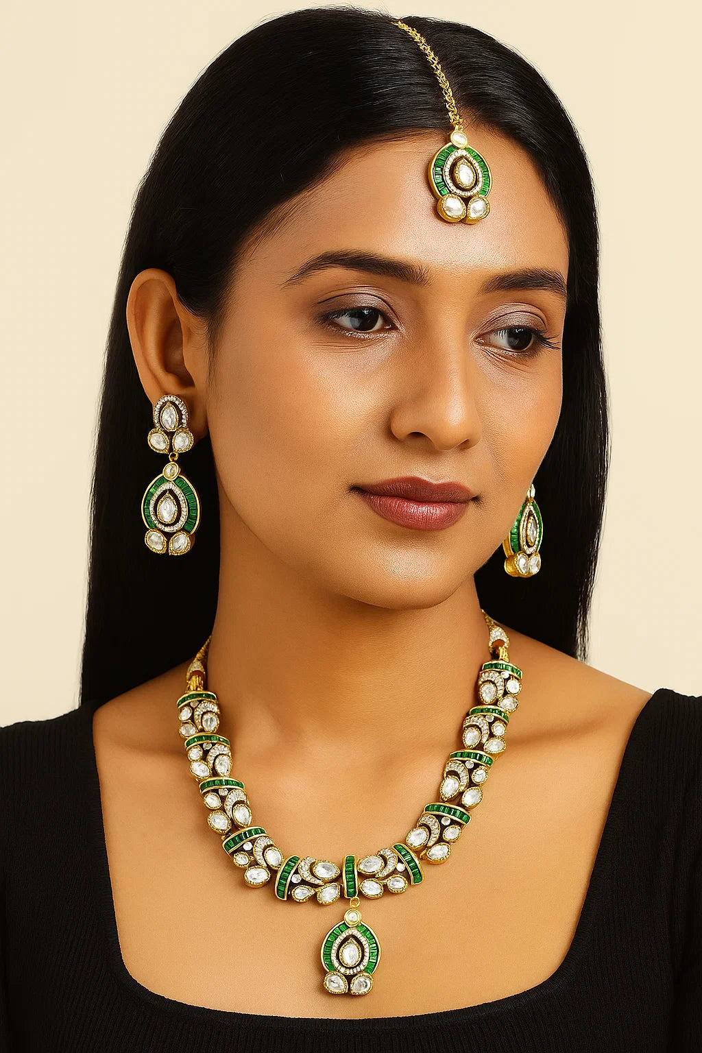 Emerald Green Kundan Necklace Set with Earrings & Maang Tikka