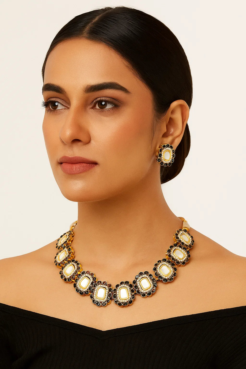 Classic Black & Gold Kundan Necklace Set with Earrings