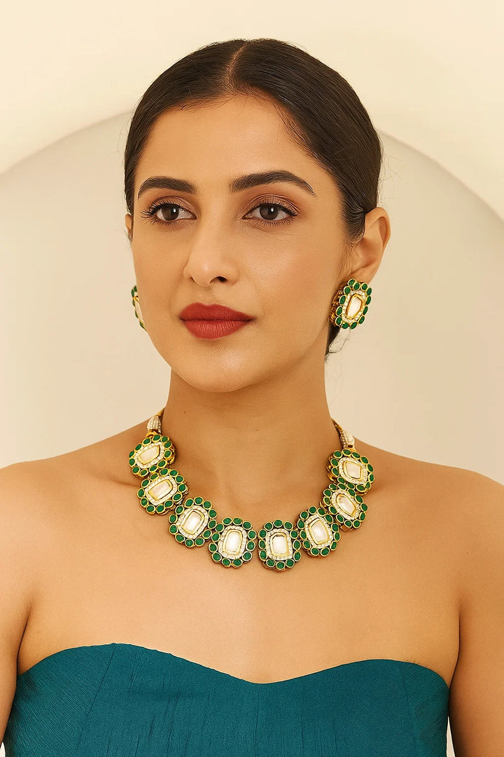 Emerald Green Enamel Kundan Necklace Set with Earrings