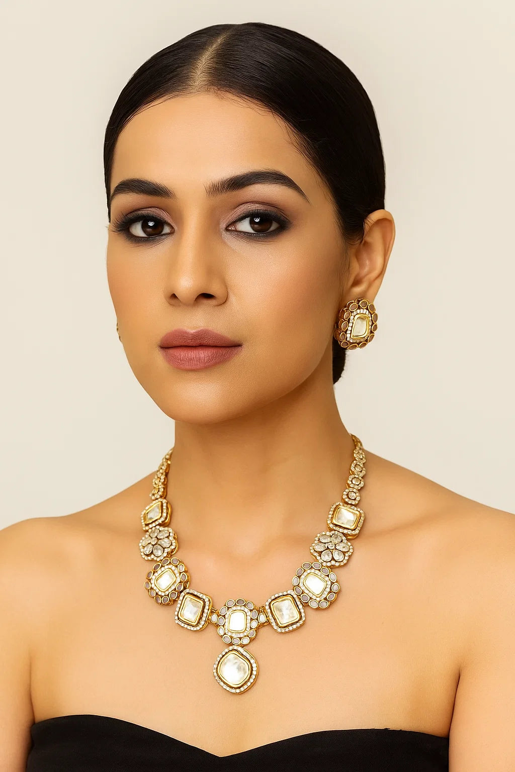 Royal Square Kundan Necklace Set with Earrings Gold Finish