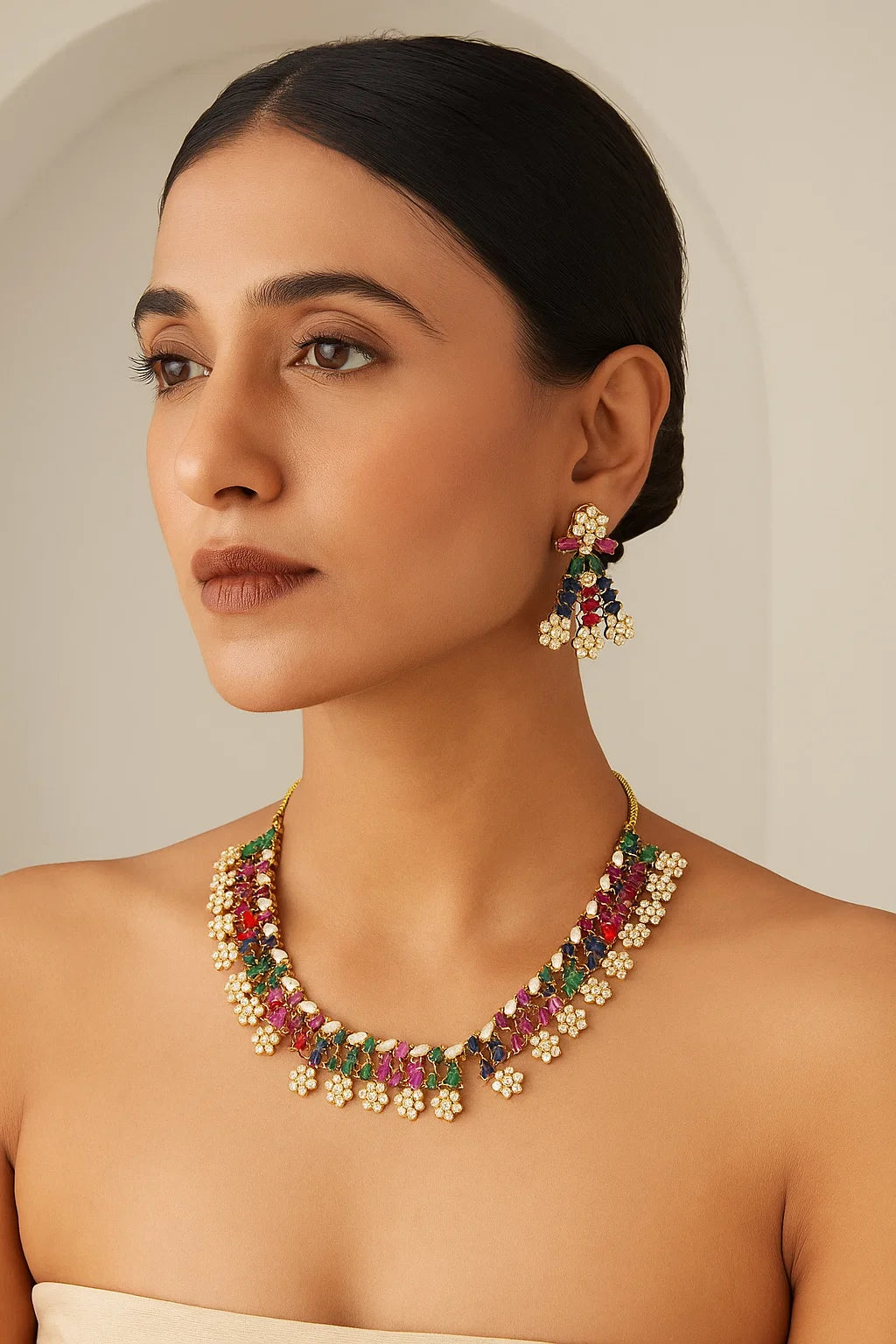 Multicolor Floral Stone Necklace Set with Earrings