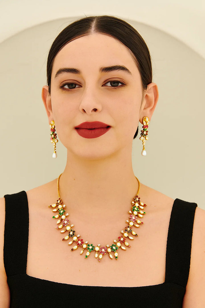 Elegant Multicolor Stone Necklace Set with Pearl Drops
