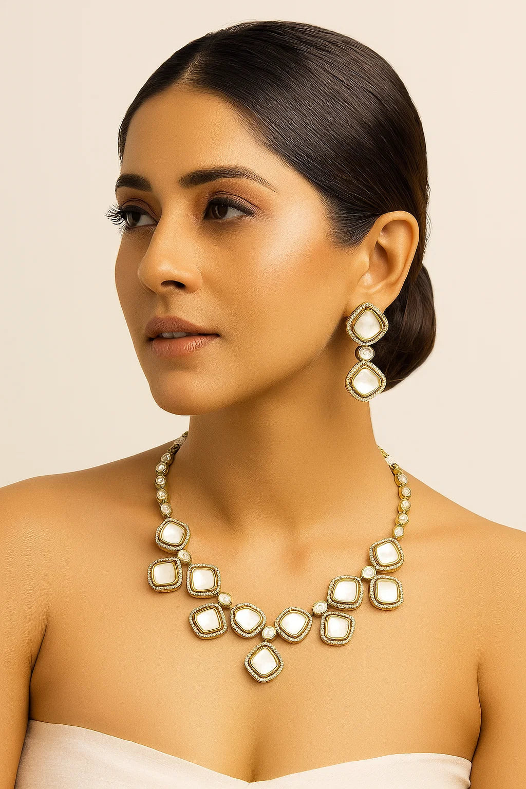 Classic Square Kundan Necklace Set with Long Earrings Gold Finish