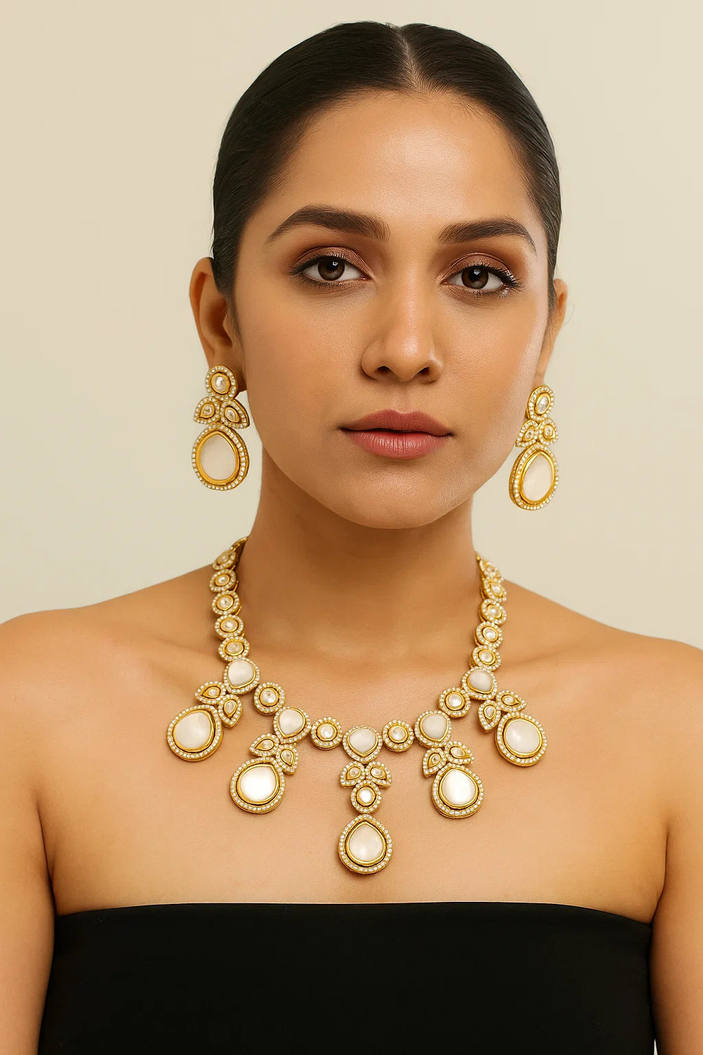 Royal Polki Kundan Necklace Set with Drop Earrings – Gold Finish