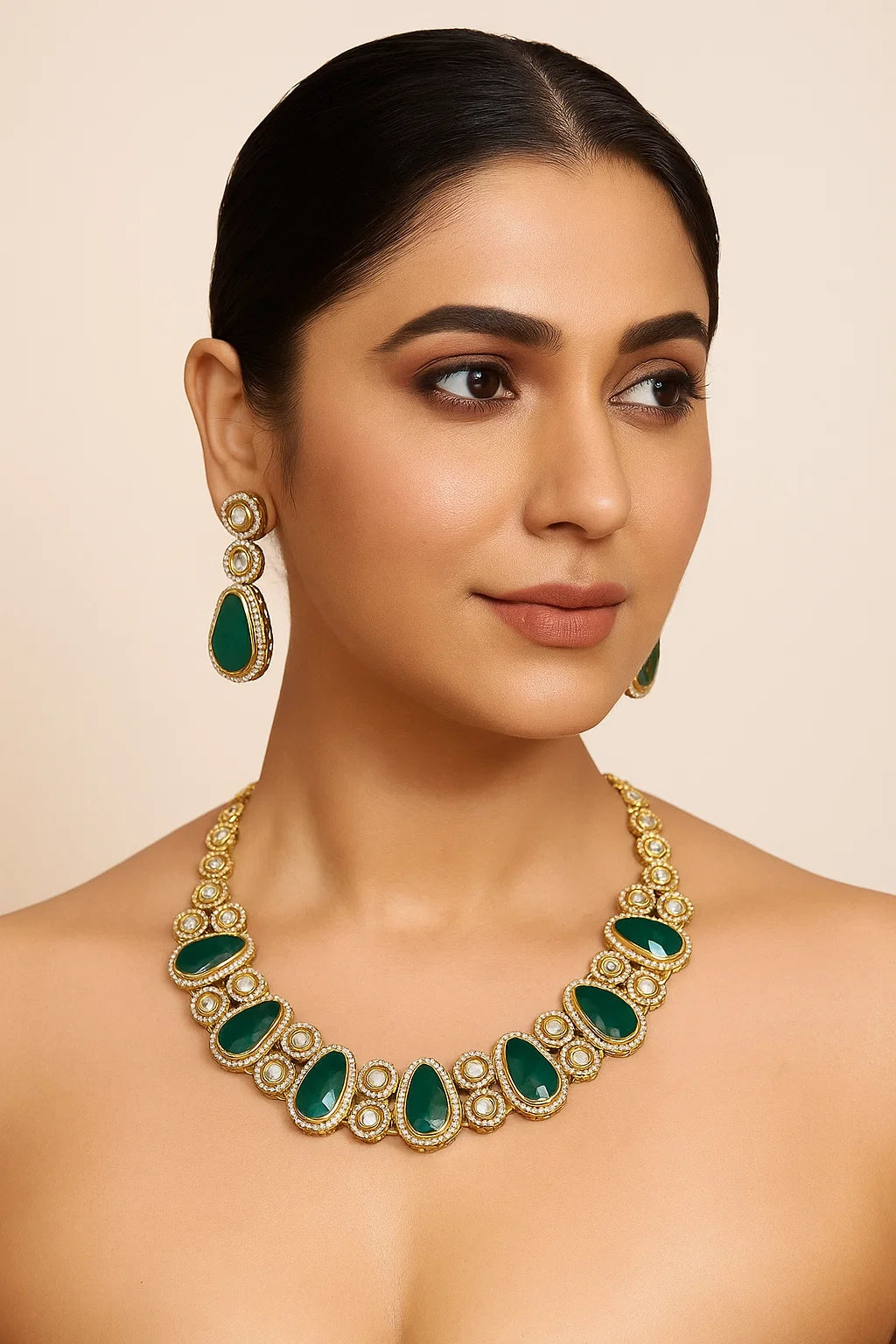 Emerald Green Teardrop Kundan Necklace Set with Earrings Gold Finish